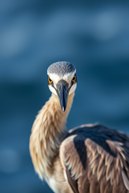 Capture a close-up of a bird by the water, with a shallow depth of field, f/4 aperture, 1/2000 shutter speed, ISO 100, in natural light on a DSLR camera using a telephoto lens, highlighting the details of the feathers against a blurred blue background.