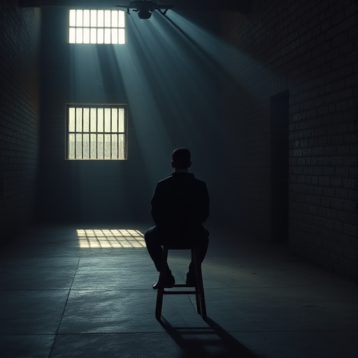 a solitary figure sitting on a stool in a dimly lit prison cell, shafts of light streaming through barred windows, shadows creating a dramatic contrast, 50mm lens, f/1.8 aperture, ISO 200, soft focus, high dynamic range, shot in natural light, digital camera