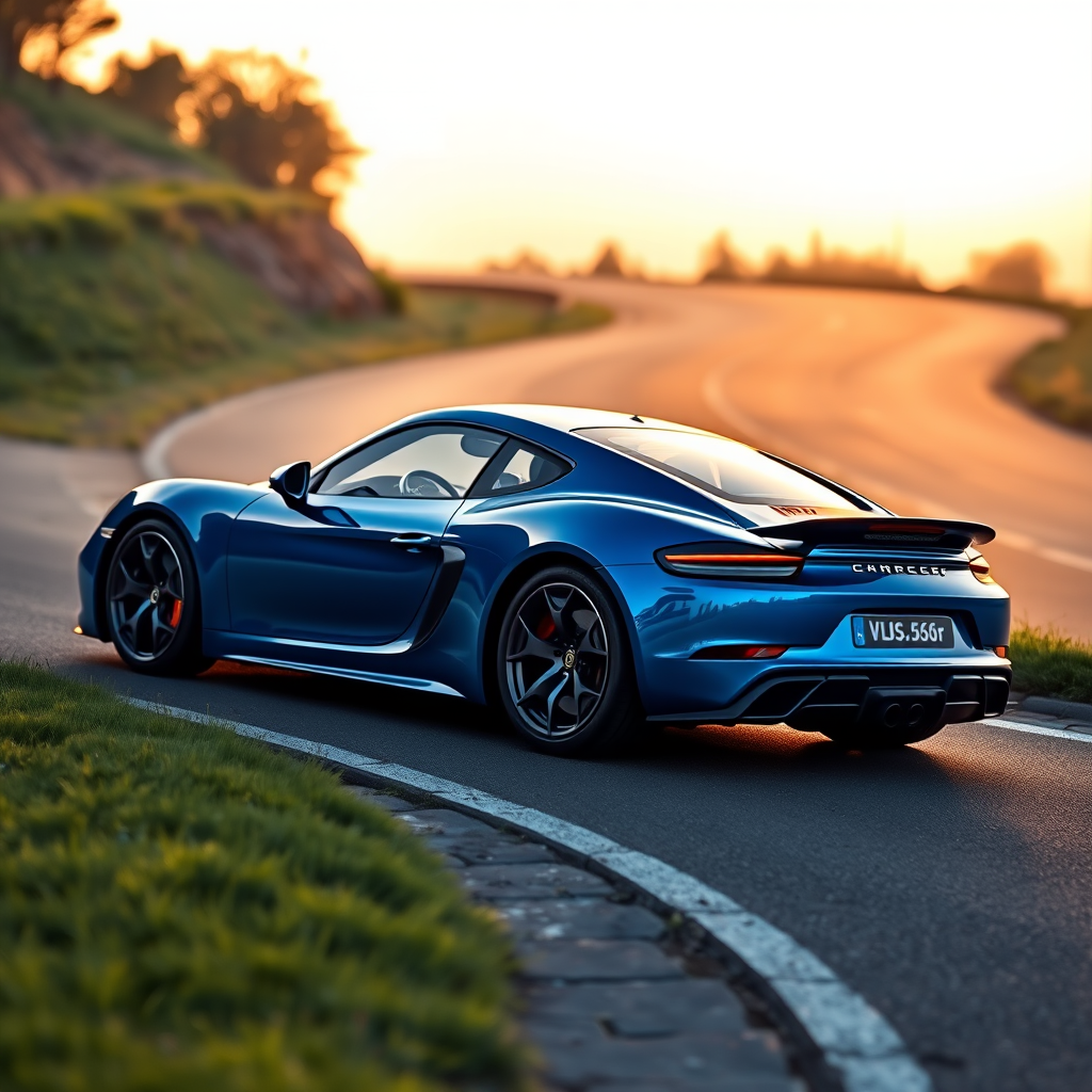 Generate an image of a luxury sports car parked on the side of a road during what appears to be dawn or dusk, given the soft light and shadows. The car should have a sleek design with aerodynamic features, a low-profile stance, and large, alloy wheels. It should display a contemporary color scheme, possibly a unique shade of blue that matches well with the ambient light in the setting. The vehicle's bodywork should gleam, reflecting the surrounding environment, and it should have distinctive lighting accents that enhance its sporty appearance. In the background, there should be a roadside with a grassy embankment on one side and possibly some trees or shrubbery along the edge of the pavement. The overall mood of the image should convey a sense of luxury, speed, and the tranquility of an early morning or late evening drive.
