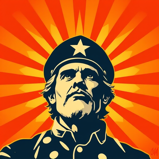 Create a high-contrast graphic illustration of a revolutionary figure with a star on their cap, sunburst rays radiating from the background, captured with a DSLR camera using a 50mm lens at f/1.8, ISO 100, and a shallow depth of field for enhanced clarity and detail.