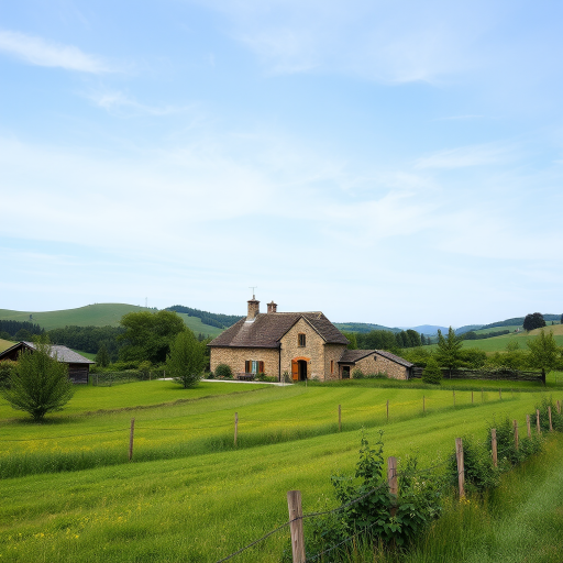 capture a serene countryside scene featuring a beautiful stone farmhouse surrounded by lush greenery and rolling hills in the background, use a DSLR camera with an aperture of f/8, ISO 200, shutter speed 1/250s, 24mm lens in landscape orientation to enhance image quality