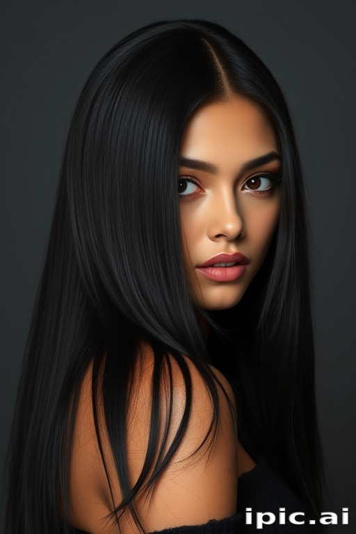 Captivating raven-haired enchantress with hip-length, pin-straight locks, showcasing a dramatic side part and glossy finish