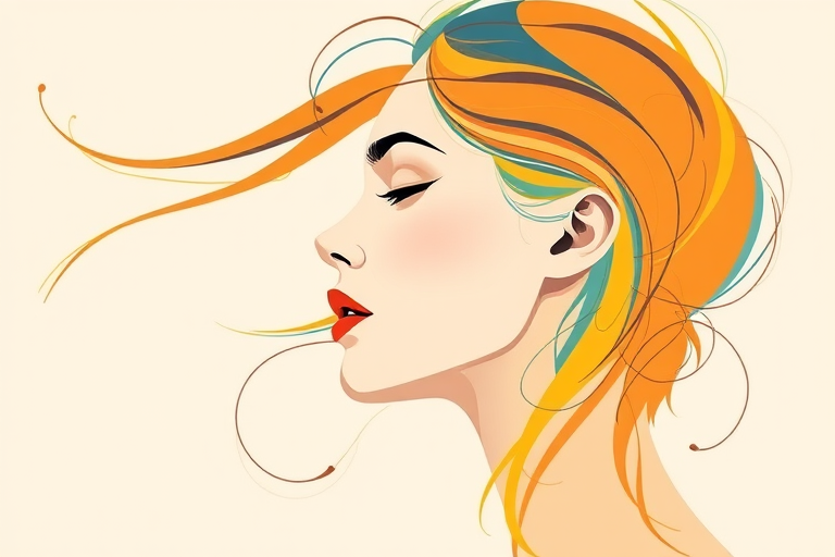Create an abstract illustration of a woman's profile with flowing lines in shades of orange, blue, and yellow on a light beige background, using a Canon EOS R5 with a 50mm f/1.2 lens, aperture set to f/2.8, ISO 100, in soft natural light to enhance color vibrancy and detail.