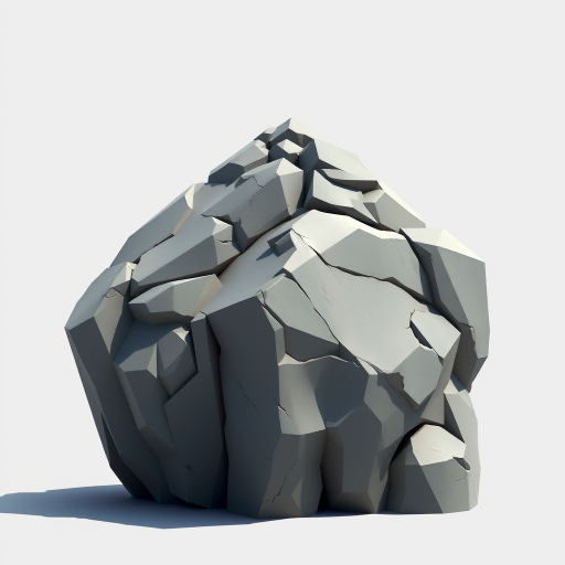 Create a high-definition digital illustration of a stylized rock formation with sharp edges and angular shapes, using a wide-angle lens at f/8 aperture, 1/125 shutter speed, and ISO 100, showcasing the rock under natural sunlight for clear shadows and highlights, captured in a 3D rendering style with a slightly elevated perspective to emphasize depth and texture.