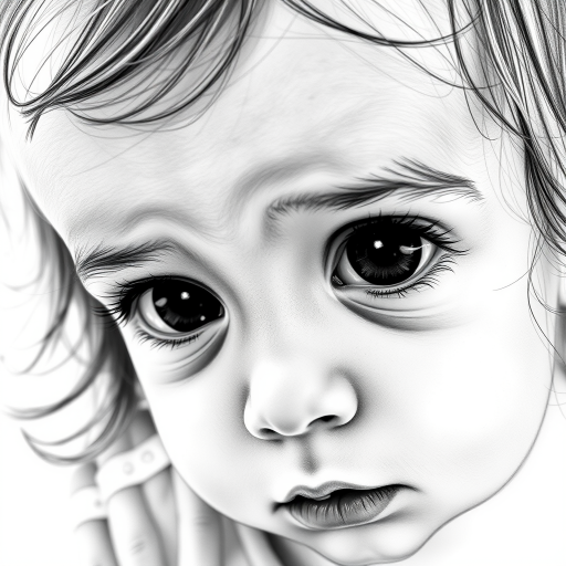 A hyperdetailed photorealistic black and white sketch of a beautiful toddler with deep black eyes, with a macro focus