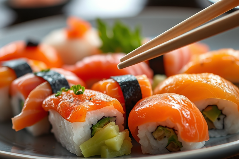 Close-up of a plate of freshly made sushi artfully arranged, with colorful fish and vegetables, soft light reflecting off the glossy surface, and chopsticks poised ready to pick one up.