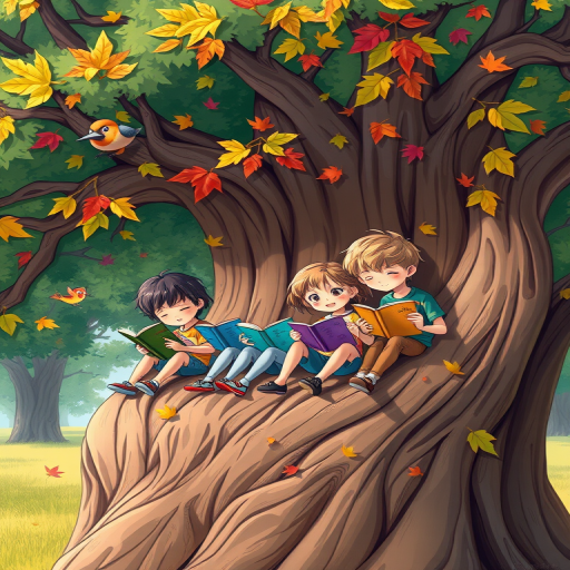 A vibrant illustration of children reading books while sitting on a large, whimsical tree, surrounded by colorful leaves and small birds, captured with a 50mm lens, f/2.8 aperture, soft focus background, bright daylight, digital art style.