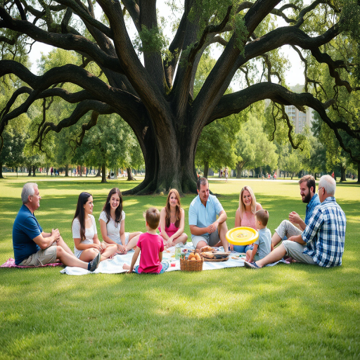 Family gathering at a picnic in the park, blankets spread out on the grass, children playing frisbee nearby, and adults enjoying sandwiches and laughter under the shade of a large oak tree.