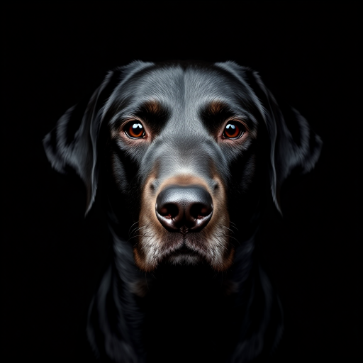 Capture a close-up portrait of a black Labrador retriever against a black background, using a Canon EOS R5 with a 85mm f/1.4 lens, aperture set to f/1.4, ISO 100, and a shutter speed of 1/200s, ensuring soft lighting to highlight the dog's features and create depth.