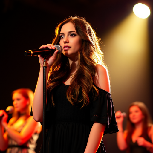 A young woman with long, flowing brown hair is standing in the center of the frame, holding a microphone in her right hand, and looking slightly off to the right side of the frame. She is wearing a black, off-the-shoulder dress with delicate lace detailing. The lighting is warm and dramatic, creating a spotlight effect on the singer. There are other figures in the background, blurred and out of focus, suggesting a concert or performance setting. The camera angle is low, capturing the woman from the waist up. The overall atmosphere is intimate and captivating.