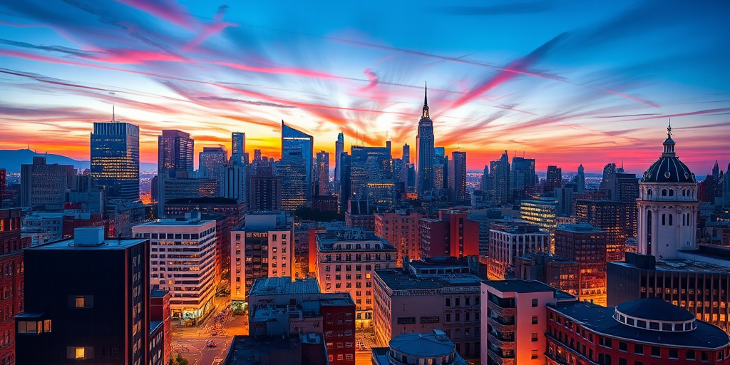 Regenerate a colorful city skyline at dusk with vibrant buildings, blending modern architecture with artistic styles, utilizing a Canon EOS R5, f/8 aperture, 24mm lens, ISO 100, and a panoramic view for enhanced detail and clarity.