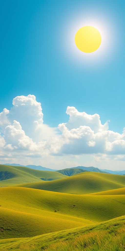 Create a vibrant landscape scene with rolling green hills under a bright blue sky with fluffy white clouds and a large yellow sun, using a DSLR camera with a 50mm lens, f/8 aperture, ISO 100, and a wide-angle view to enhance image quality.