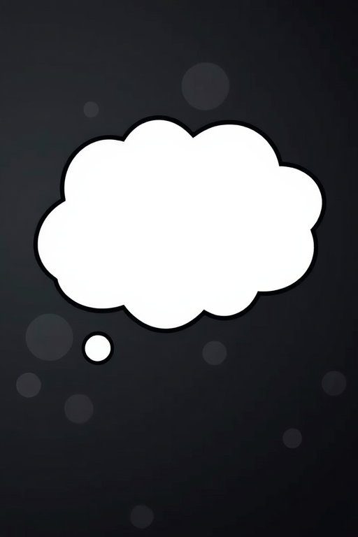 Create a high-resolution image of a thought bubble with a clean white fill and a thick black outline, using a DSLR camera with a 50mm lens, aperture set to f/2.8, ISO 100, and a soft focus background for enhanced contrast.