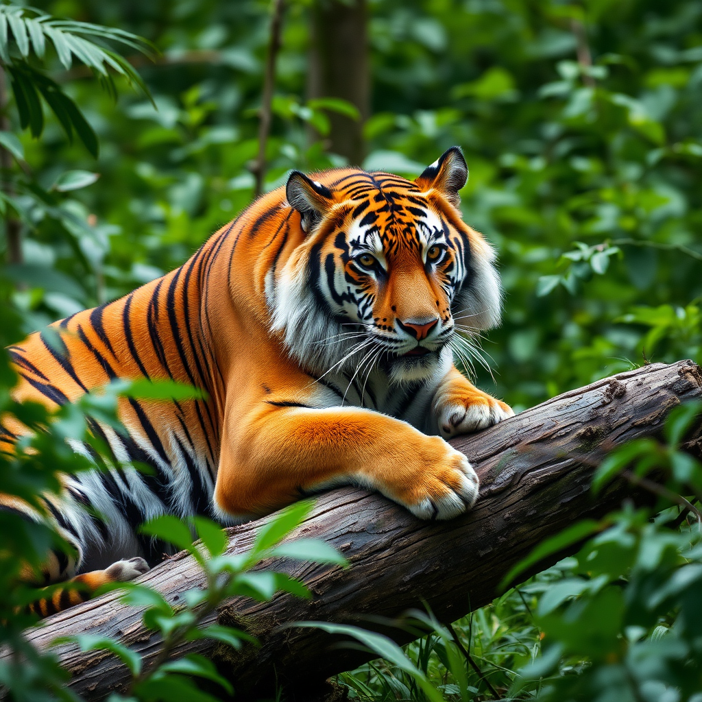 A majestic tiger resting on a log in a lush green jungle, captured with a Canon EOS R5, 85mm f/1.2 lens, ISO 200, aperture f/2.8, 1/250s, natural light, shallow depth of field for a soft background.
