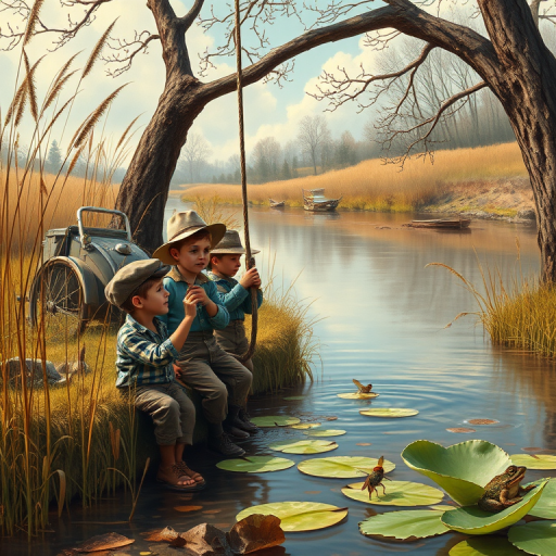 Imagine a small group of old fashioned young boys out fishing by the creek, a swing hanging from a tree branch, reeds and grasses by the water's edge, a frog sitting on a lily pad, dragonflies hovering over som water plans, a very iconic old fashioned scene reminiscent of a Norman Rockwell painting style