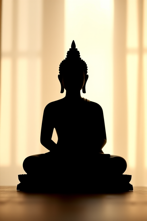 Create a serene silhouette of a sitting Buddha against a softly lit background, using a DSLR camera set to f/2.8, ISO 100, with a 50mm lens in portrait mode to capture fine details and enhance quality.