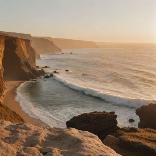 Soft-focus image of a solitary figure standing on a cliff overlooking the ocean at sunrise, soft golden light illuminating the waves crashing against the rocks below.