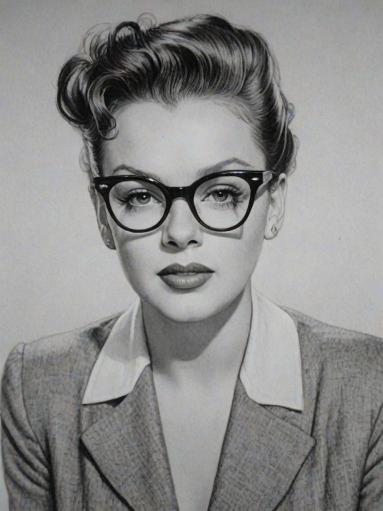 Superb Judy Garland, pencil sketch, portrait of Ravishing woman 1954s in glasses, hair style beatnik, outline, clear lines, fine lines, 8k