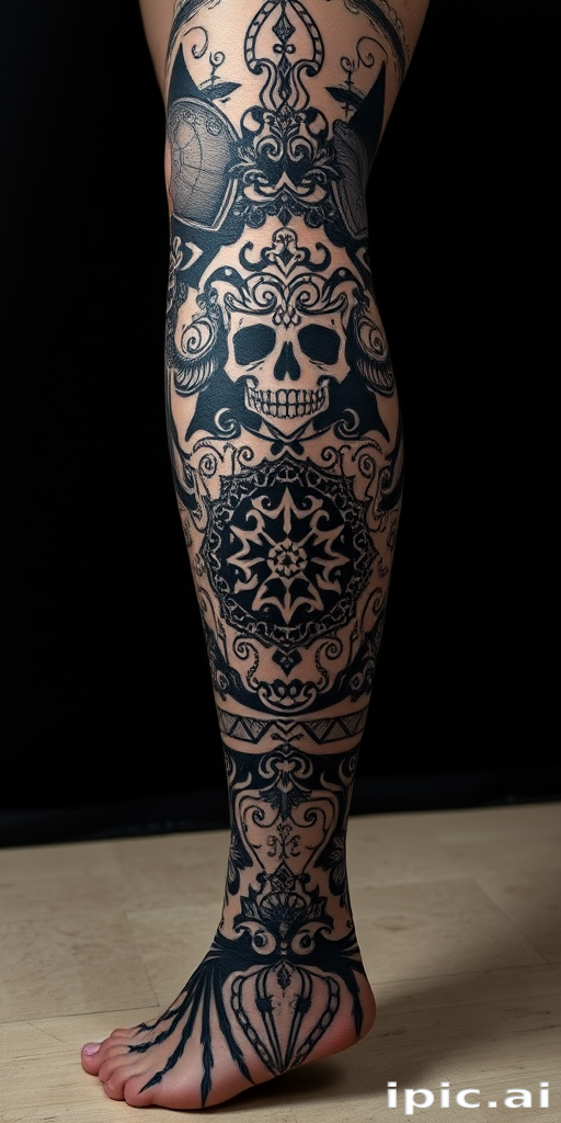 Powerful blackout tattoo covering the entire leg, featuring solid black ink with strategic negative space elements revealing intricate patterns and designs, creating a bold and dramatic visual statement