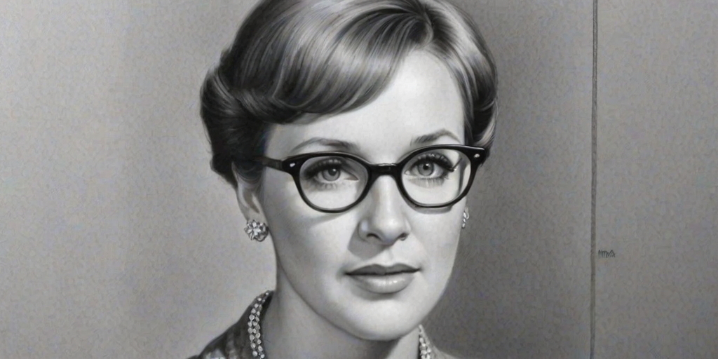 Dazzling Julie Andrews, pencil sketch, portrait of Resplendent woman 1930s in glasses, hair style beatnik, outline, clear lines, fine lines, 8k