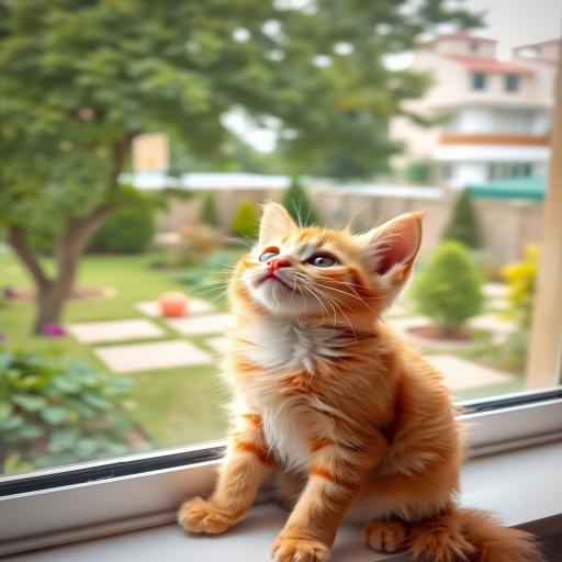 A fluffy orange kitten sitting by a window with a curious expression looking up, surrounded by a garden with trees and buildings in the background, natural light illuminating the scene, soft focus on the surrounding area.