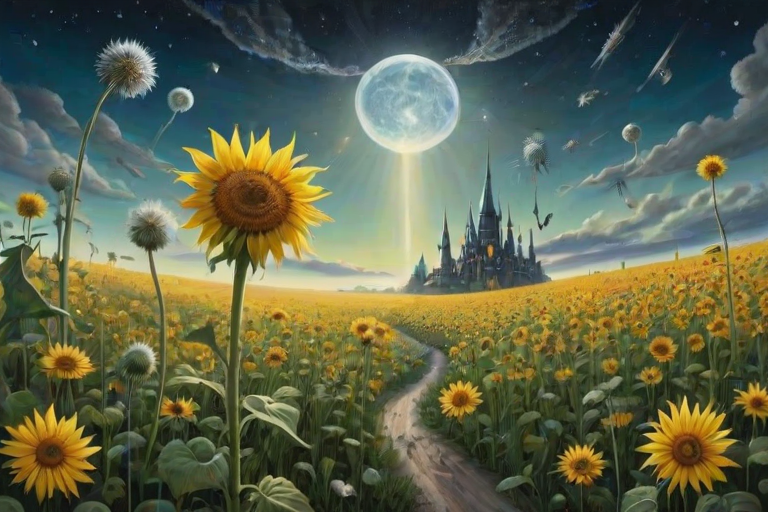 A surreal allegory featuring ethereal fairies, towering sunflowers, and an enigmatic witch, all set within a dreamlike landscape. The scene is dominated by a colossal dandelion, its delicate seeds floating through the air, reminiscent of Yves Tanguy's abstract forms. The environment is a blend of otherworldly elements and natural beauty, with twisted, elongated shapes and surreal colors that evoke a sense of mystery and enchantment.