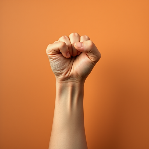 Create a high-resolution image of a raised fist symbolizing solidarity and resistance, using a smooth gradient of brown shades, shot with a Canon EOS R5, ISO 100, f/8 aperture, 50mm lens, with a soft focus background for emphasis on the fist, using a minimalist flat lay style.