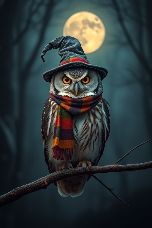 regenerate an image of a wise owl wearing a wizard hat and a scarf, perched on a branch in a misty forest with a full moon in the background, use a Canon EOS R5 with a 50mm lens, f/1.8 aperture, ISO 100, and a soft focus effect to enhance details and create a magical atmosphere.