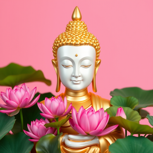 Create a serene digital illustration of a golden Buddha statue with a smooth white face, surrounded by vibrant pink lotus flowers on green leaves, set against a soft pink background, using a Canon EOS R5 with a 50mm f/1.2 lens, aperture set to f/2.8 for depth of field, in a studio lighting style to enhance the colors and details.