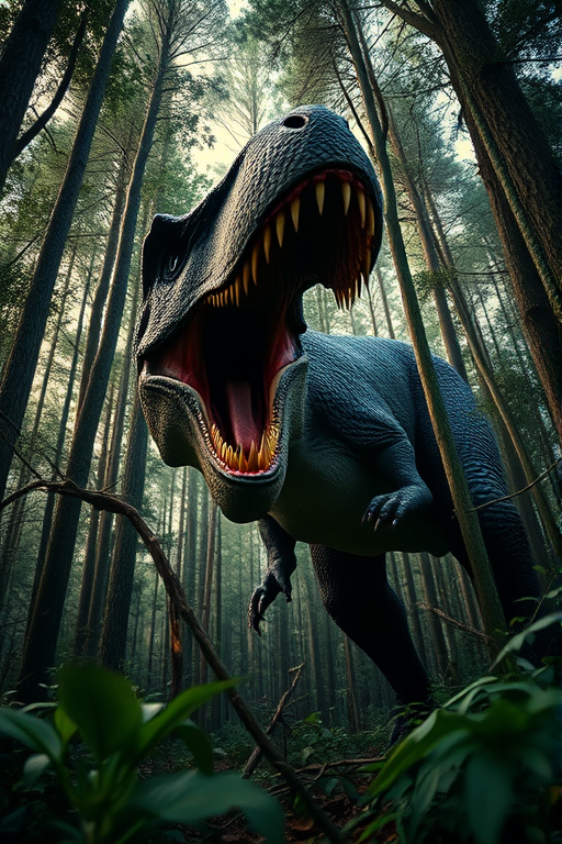 Create a high-resolution image of a roaring T-Rex in a dense prehistoric forest, captured with a Canon EOS R5 using a 24-70mm f/2.8 lens at f/4, ISO 200, and a shutter speed of 1/500s, in a low-angle perspective with dramatic lighting and cinematic depth of field.