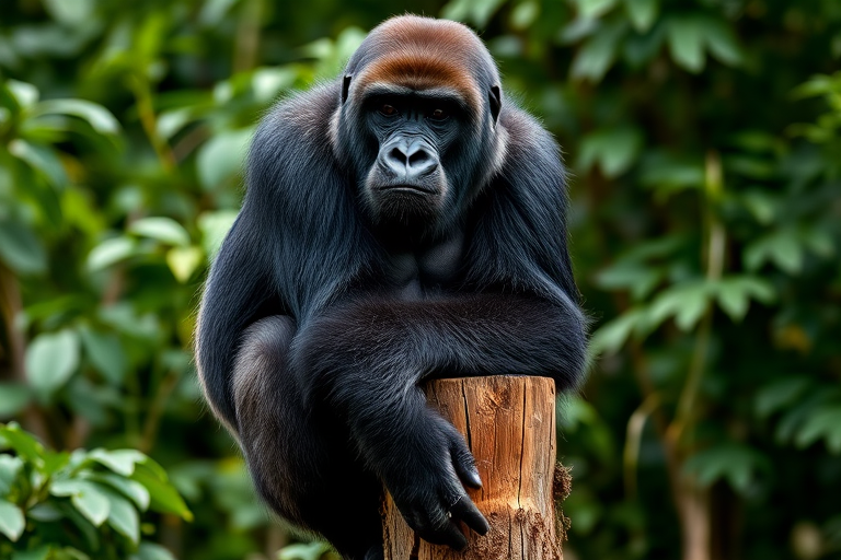 A close-up shot of a seated black gorilla on a wooden post, surrounded by lush green foliage, taken with a Canon EOS R5 using an 85mm f/1.4 lens, ISO 200, aperture f/2.8, shutter speed 1/250s, natural lighting for enhanced detail and depth of field.