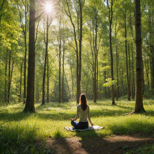 Sun-dappled forest clearing, with soft grass underfoot, a woman sits cross-legged, enjoying the tranquility as birds sing in the canopy above.