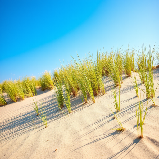 Capture a vibrant sandy dune landscape with tufts of grass under a bright blue sky, using a DSLR camera, focal length of 24mm, aperture f/8, ISO 200, with a slight HDR effect for enhanced detail and contrast.
