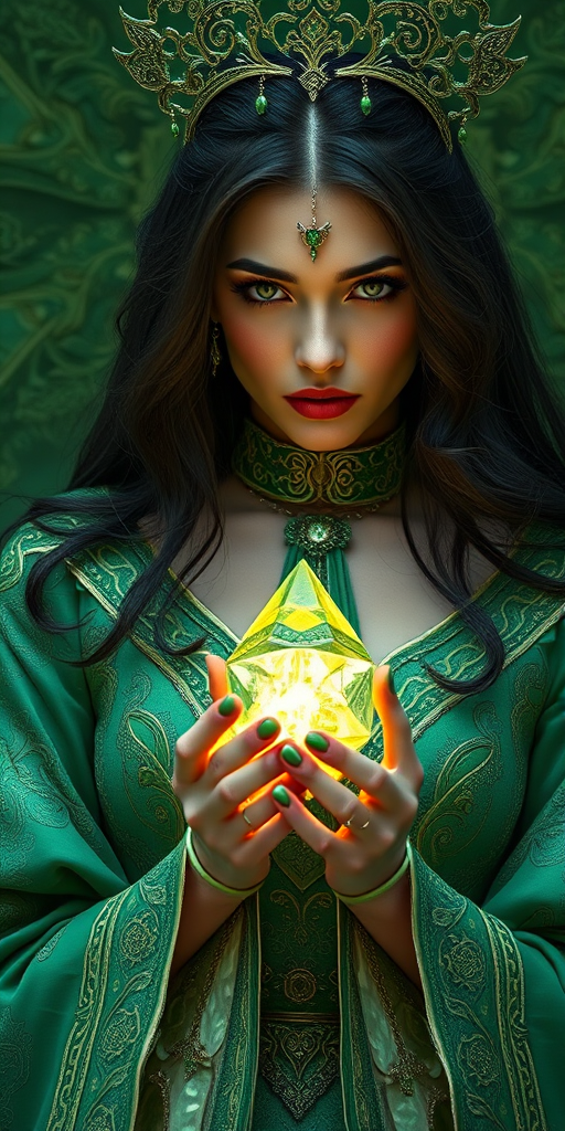 Create an image of a mysterious dark-haired woman in an elaborate green outfit holding a glowing crystal, with intricate emerald designs surrounding her, in a soft focus style, using a Canon EOS R5, 50mm lens, f/1.8 aperture, ISO 100, with natural lighting to enhance the ethereal quality.