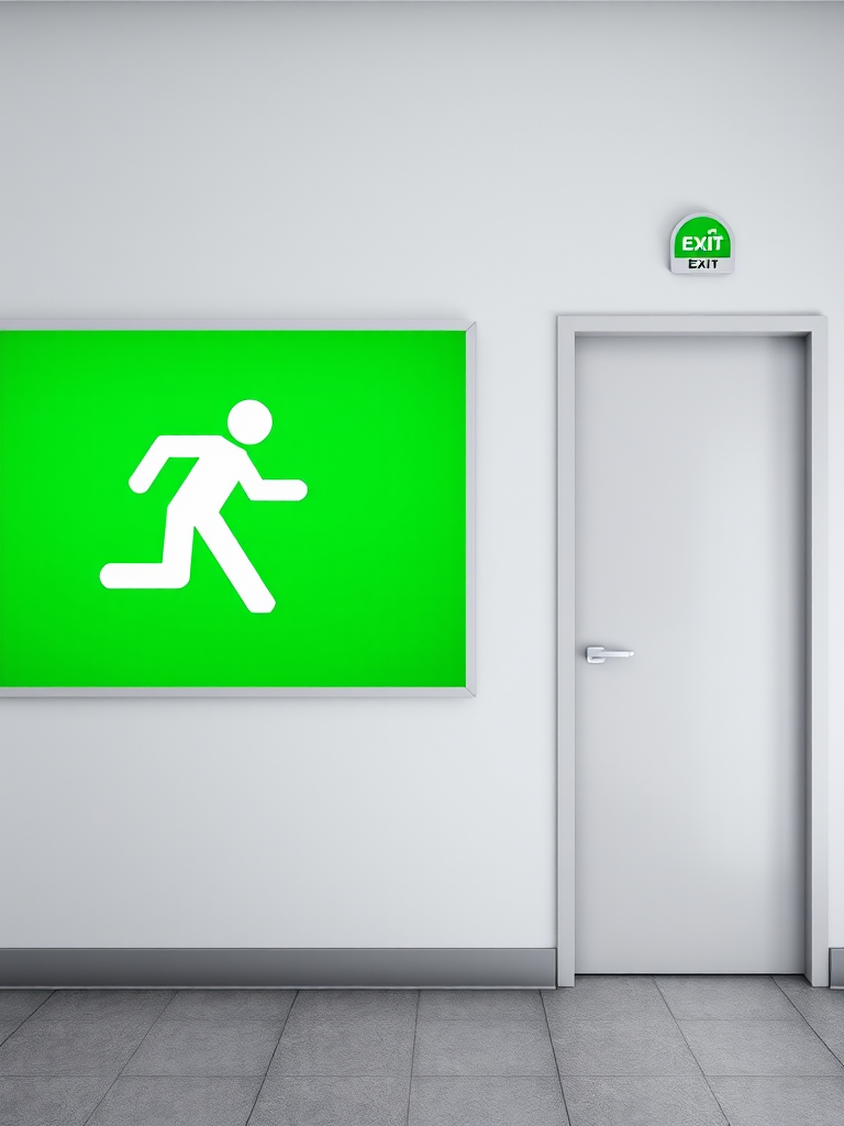Create an emergency exit sign with a vibrant green background, a simple white figure running towards a white arrow pointing right, and a rectangular exit door on the far right, shot with a DSLR camera at f/4.5, ISO 100, 1/250 second, in a bright, well-lit environment.