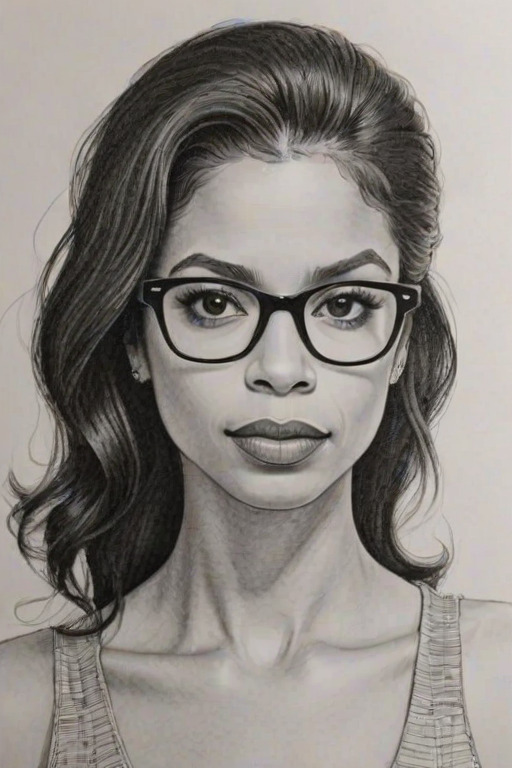 Fetching Susan Kelechi Watson, pencil sketch, portrait of Stunning woman 1965s in glasses, hair style beatnik, outline, clear lines, fine lines, 8k