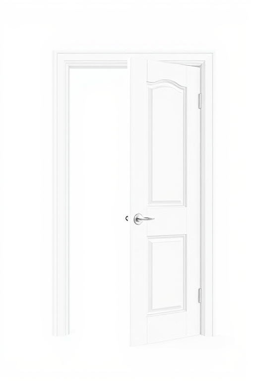 Create a minimalistic illustration of an open door with a white background, using a DSLR camera with an aperture of f/4, ISO 100, and a focal length of 50mm, capturing the image in a straight-on view for a clear and crisp look.