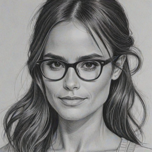 Stunning Jordana Brewster, pencil sketch, portrait of Pleasing woman 1969s in glasses, hair style beatnik, outline, clear lines, fine lines, 8k