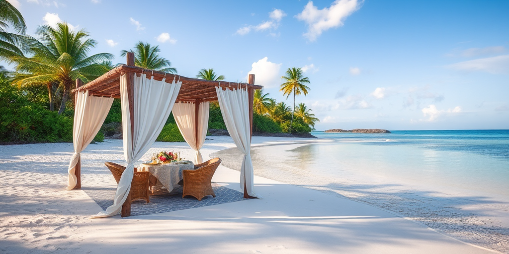 Create a picturesque tropical beach scene featuring a serene, white sandy shore. In the foreground, there's a rustic wooden canopy with white drapes gently flowing in the breeze. Underneath the canopy, a table is set with tropical decor, evoking a sense of relaxation and leisure. The beach extends into a calm, shallow water area with reflections of the sky and surroundings. Palm trees and lush greenery line the edge of the beach, providing a natural, tropical backdrop. The sky is clear with a few scattered clouds, and the overall atmosphere is tranquil and inviting, perfect for a peaceful retreat.