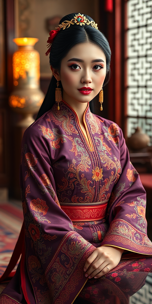 A beautiful Armenian woman in traditional East Asian attire, intricately detailed with embroidered patterns, sitting gracefully in a richly decorated room, soft ambient lighting, serene and elegant, ultra-realistic, 8K resolution
