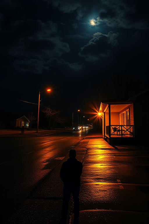 A dark, atmospheric street scene at night with a single figure standing on a porch, illuminated by warm light, reflecting on wet pavement after rain, dramatic clouds in the sky with a hint of moonlight, captured with a full frame camera, f/1.8 aperture, ISO 200, 24mm lens, long exposure to enhance night details and colors.
