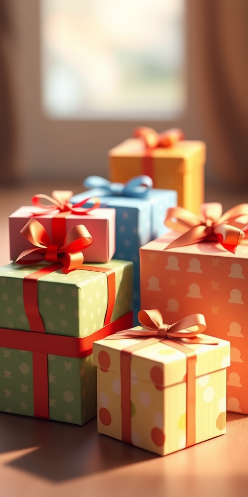 high-resolution illustration of five colorful gift boxes with different patterns and bows, soft diffused lighting, shallow depth of field, viewed from slightly above at a 45-degree angle, DSLR camera, f/2.8 aperture, ISO 100, 50mm lens