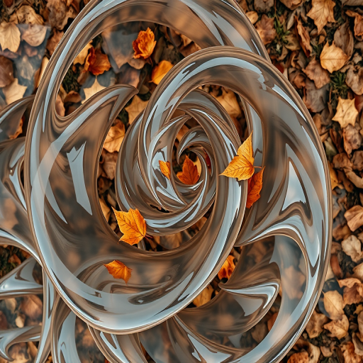 Create an abstract composition featuring swirling transparent shapes with scattered brown leaves, captured with a Canon EOS R5 at f/2.8, 1/125 sec, ISO 100, in a soft focus style, top-down view for enhanced depth and detail.