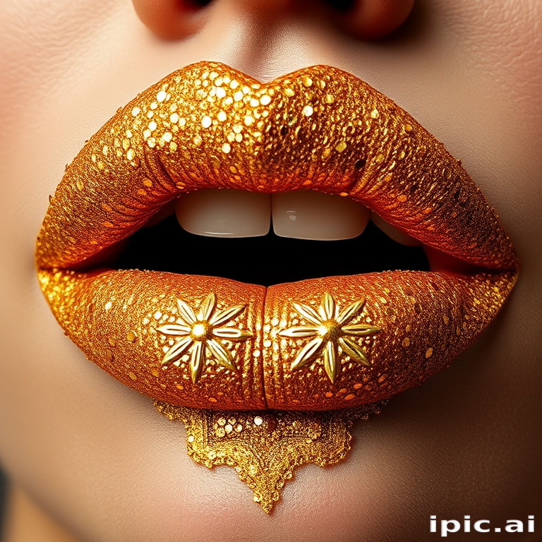 Glitter-encrusted gold lips with a 3D texture, showcasing intricate patterns and designs, perfect for a luxurious and opulent red carpet appearance