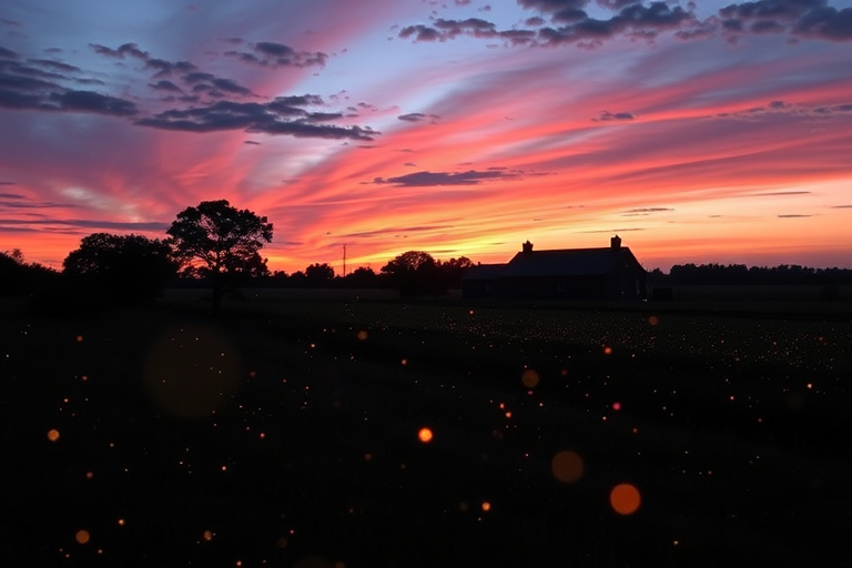 Serene countryside scene at dusk, with a farmhouse silhouetted against a colorful sky, fireflies dancing in the air, creating a magical evening atmosphere.