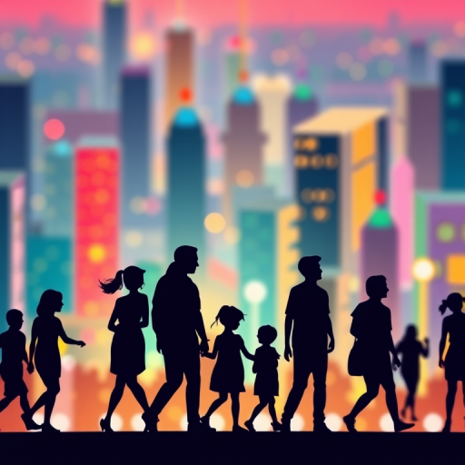 Create a vibrant cityscape illustration featuring silhouettes of diverse families against a colorful urban background with blurred bokeh effects, using a Canon EOS 5D Mark IV with a 50mm lens, aperture set to f/1.8, ISO 100, and shot from a low angle to capture depth and enhance the image quality.