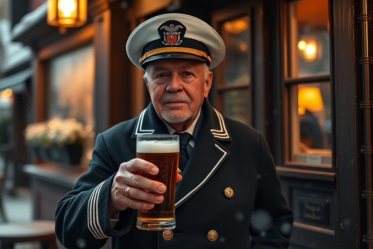 create an image of a distinguished old man in a naval officer's uniform holding a beer outside a cozy pub during a snowy evening, with warm light spilling from the windows, captured with a Canon EOS R5, 50mm f/1.4 lens, at ISO 100, shutter speed 1/200s, with a soft-focus background for a painterly effect