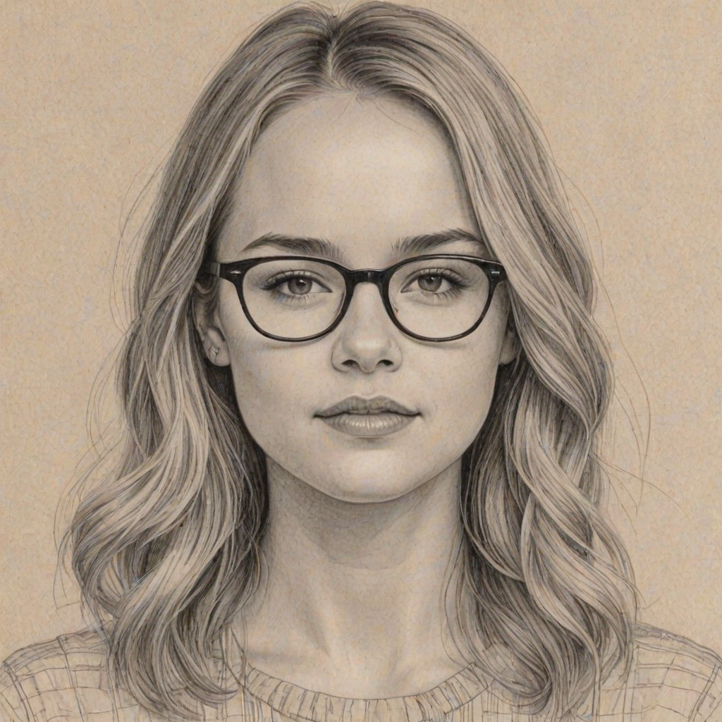 Delightful Britt Robertson, pencil sketch, portrait of Bewitching woman 1951s in glasses, hair style beatnik, outline, clear lines, fine lines, 8k