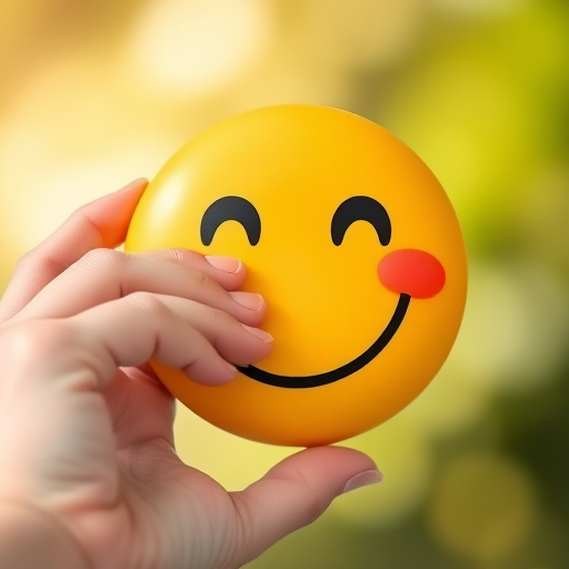 Smiley face with a hand touching it, soft bokeh background, high resolution, f/2.8 aperture, ISO 100, 50mm lens, natural light, DSLR camera, shallow depth of field.