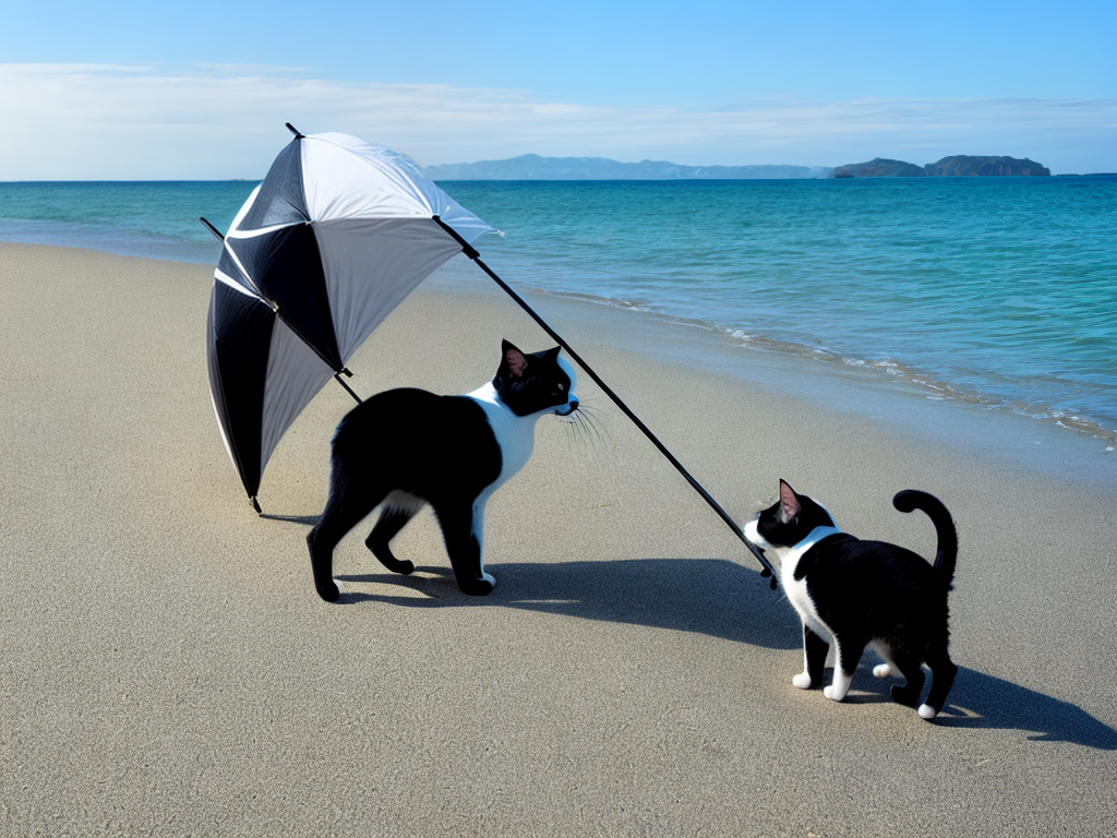 design a black and white cat on the beach playing with an umbrella